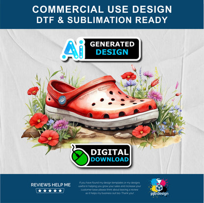 Floral Red Croc Shoe with Wild Flowers Gardening Multiuse Design Edited Ai Generated Art Red 3