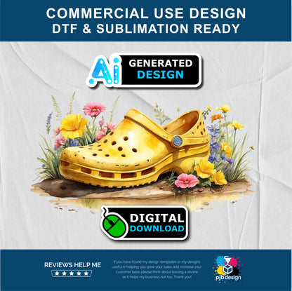 Floral Yellow Croc Shoe with Wild Flowers Gardening Multiuse Design Edited Ai Generated Art Yellow 1