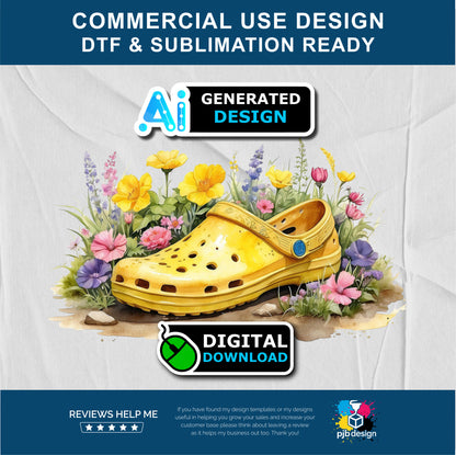 Floral Yellow Croc Shoe with Wild Flowers Gardening Multiuse Design Edited Ai Generated Art Yellow 2