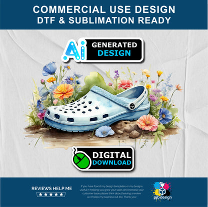 Floral Light Blue Croc Shoe with Wild Flowers Gardening Multiuse Design Edited Ai Generated Art Blue 3