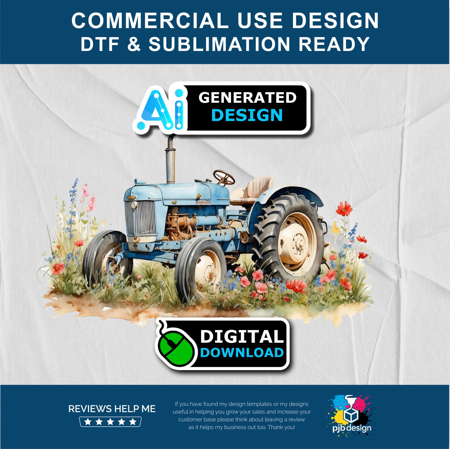 Old Tractor in a Wild Flower Meadow Multiuse Design Edited Ai Generated Art Blue 3