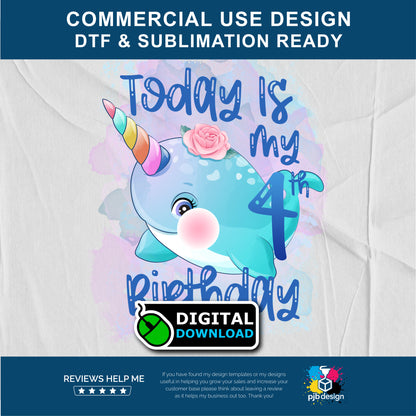 Happy 4th Birthday Narwhal Childrens Design - Transparent PNG