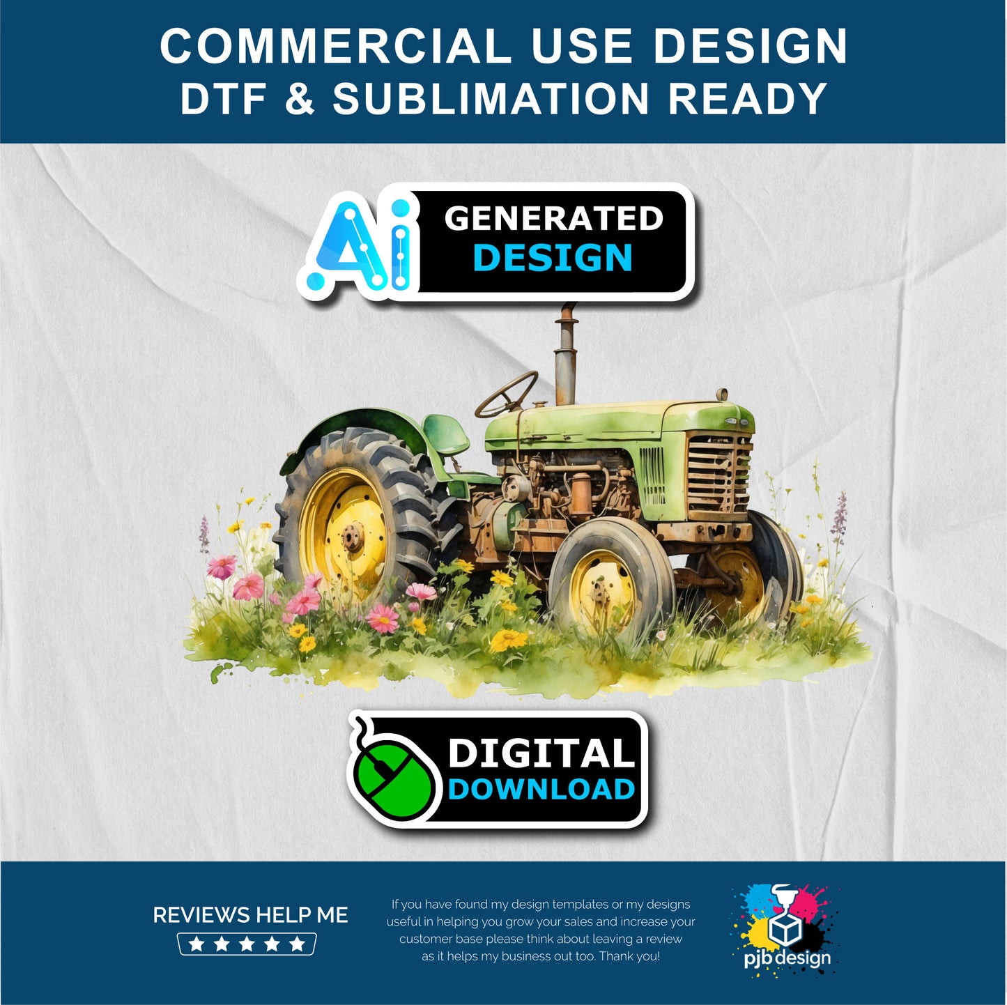 Old Tractor in a Wild Flower Meadow Multiuse Design Edited Ai Generated Art Green 1