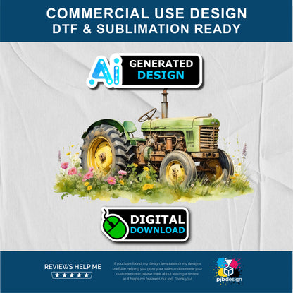 Old Tractor in a Wild Flower Meadow Multiuse Design Edited Ai Generated Art Green 1