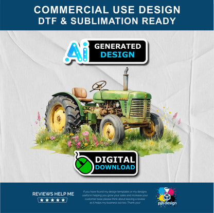 Old Tractor in a Wild Flower Meadow Multiuse Design Edited Ai Generated Art Green 2