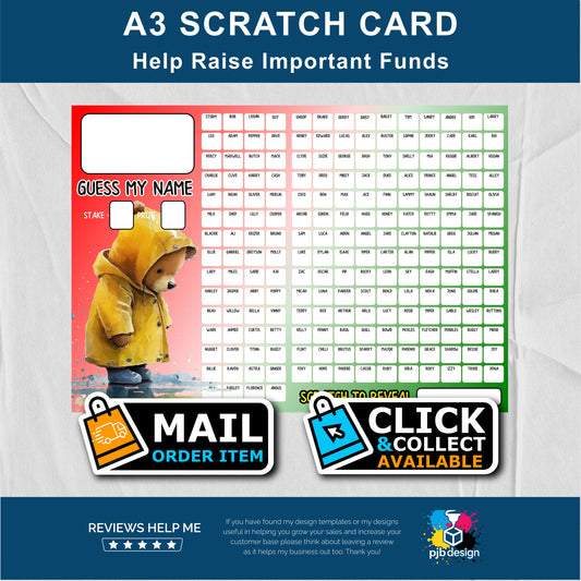Bear Name Charity Fund Raising Scratch Card - A3 Fund Raising Product