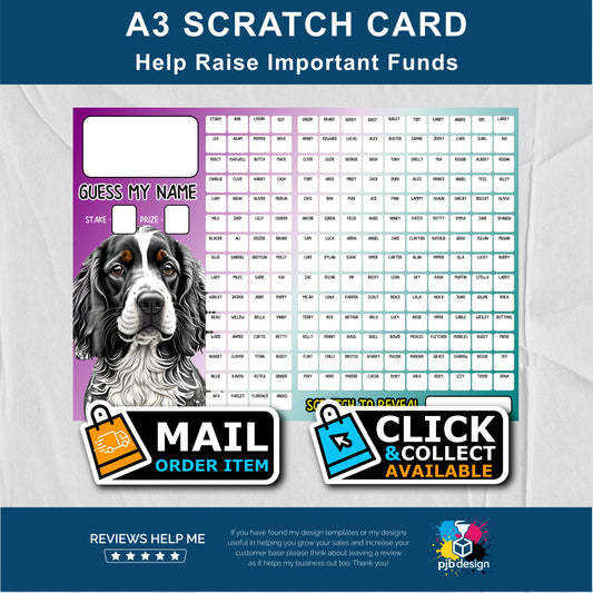 200 Name Dog Themed Charity Fund Raising Scratch Card - A3 Fund Raising Product