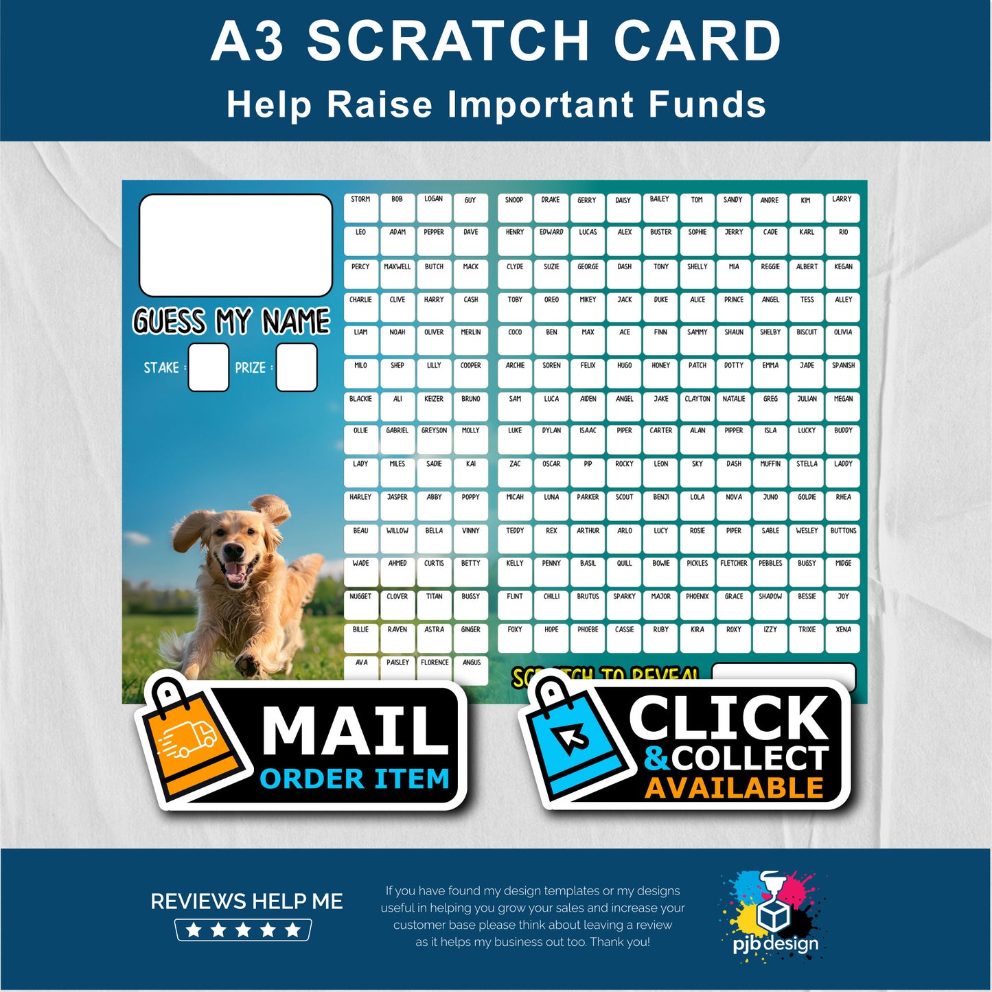 200 Name Dog Themed Charity Fund Raising Scratch Card - A3 Fund Raising Product