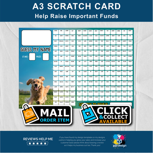 200 Name Dog Themed Charity Fund Raising Scratch Card - A3 Fund Raising Product