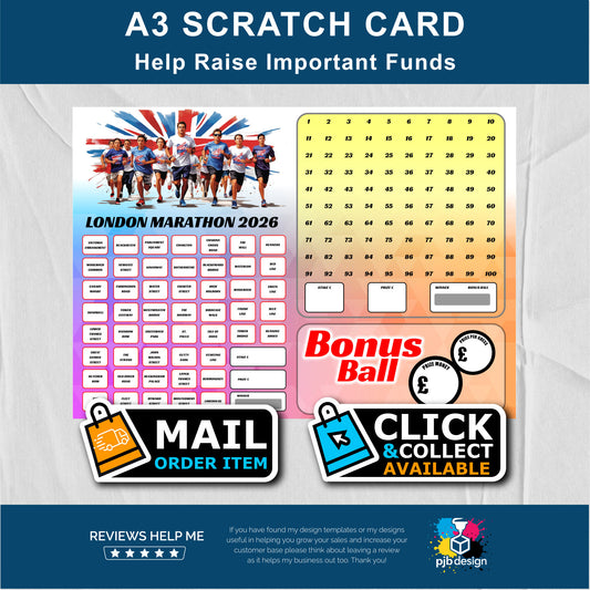 Marathon Themed Lucky Number Mega Charity Fund Raising Scratch Card - A3 Fund Raising Product