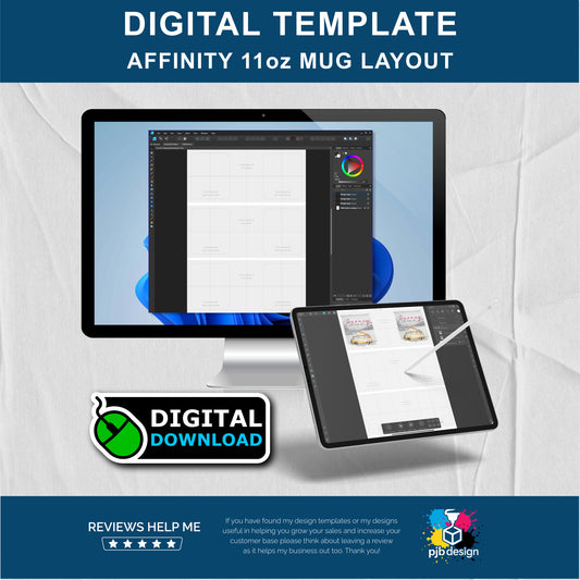 Affinity 11oz Ceramic Mug Layout Design Template - 3 Wraps A4 Page