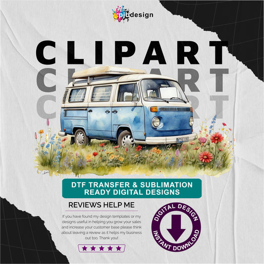 Blue Campervan in a Wild Flower Meadow Multiuse Design Edited Ai Generated Art 6