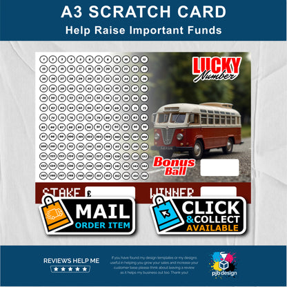 Vintage Bus Themed Guess The Number Charity Fund Raising Scratch Card - A3 Fund Raising Product