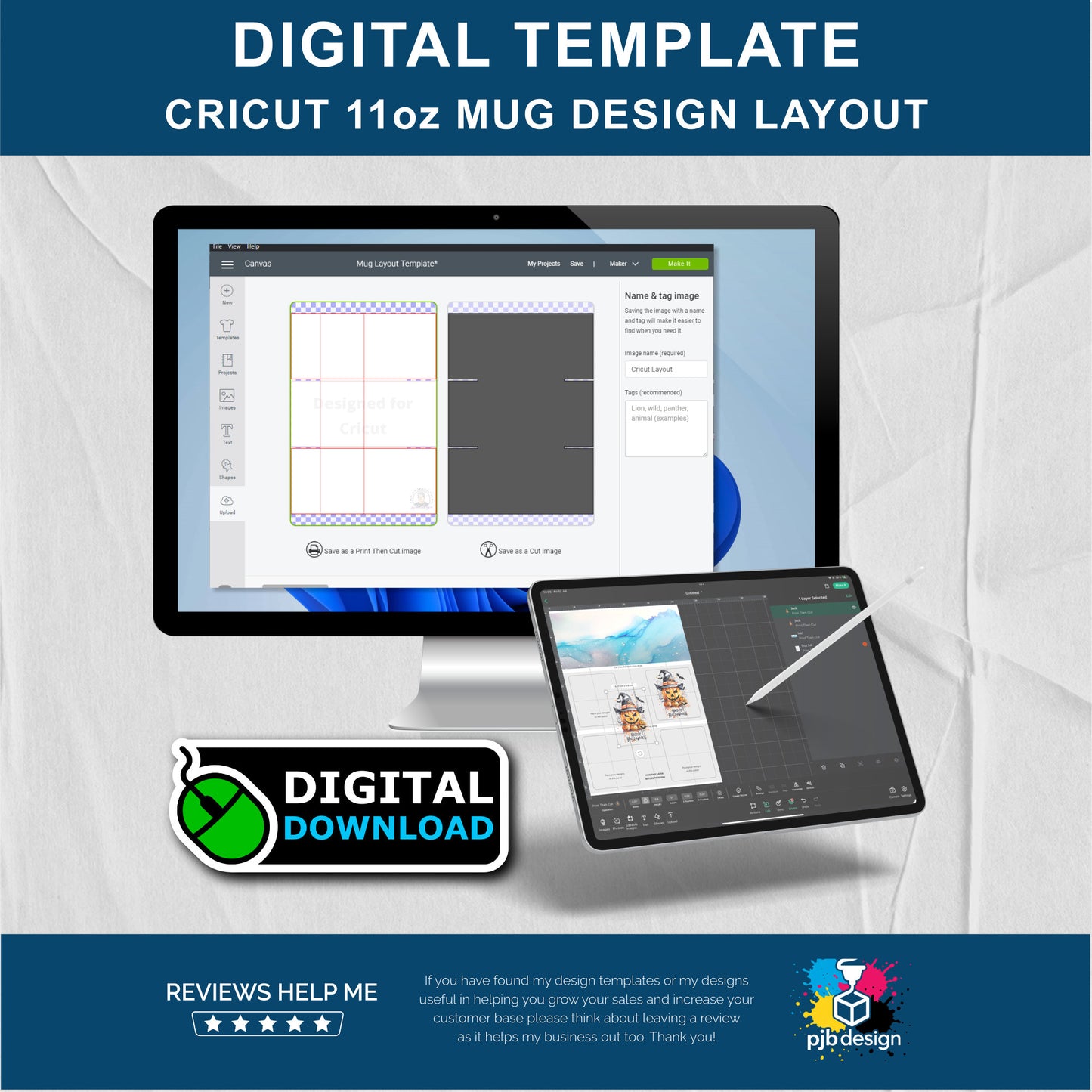 Cricut Design Studio 11oz Ceramic Mug Layout Design Template - 3 Wraps A4 Page