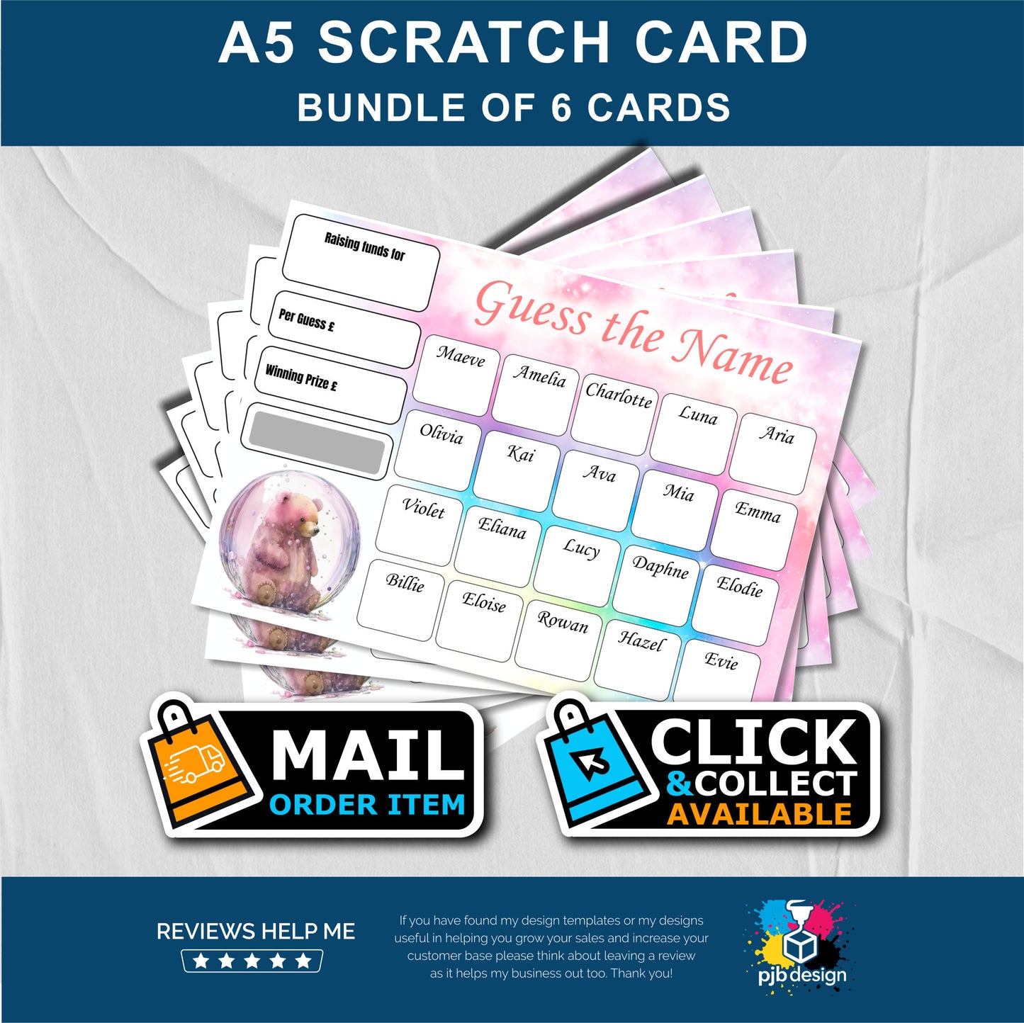 6x Scratch Card Bundle Baby Gilrd Name Charity Fund Raising - A5 Fund Raising Product