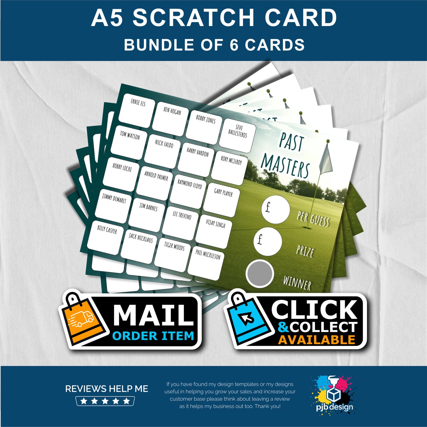 6x Scratch Card Bundle Golf Legends Charity Fund Raising - A5 Fund Raising Product