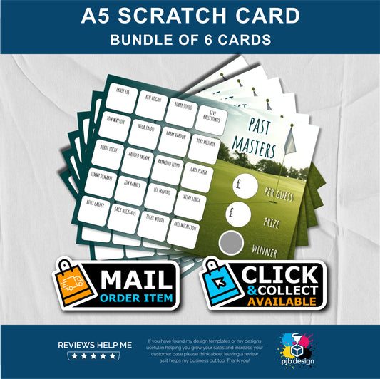 6x Scratch Card Bundle Golf Legends Charity Fund Raising - A5 Fund Raising Product