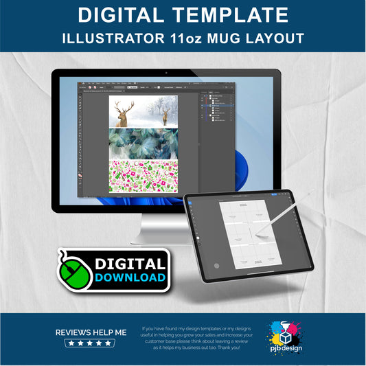 Adobe Illustrator 11oz Ceramic Mug Layout Design Template - 3 Wraps A4 Page