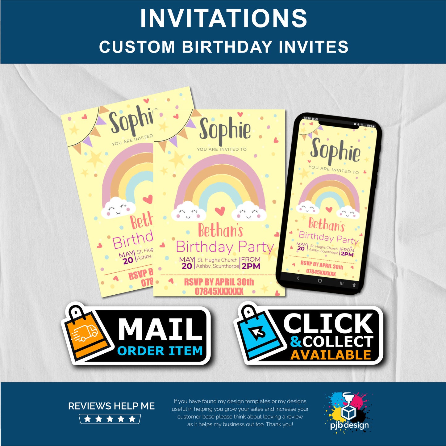 Pastel Rainbow Themed Birthday Invitations - Printed & Digital for Whatsapp