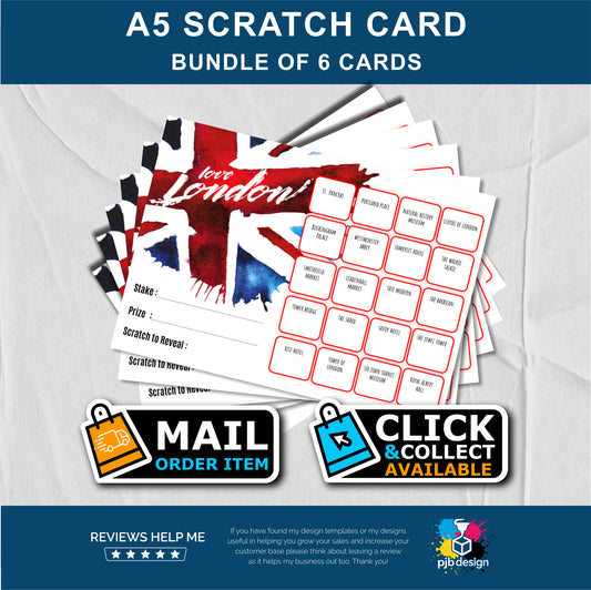 6x Scratch Card Bundle London Street Charity Fund Raising - A5 Fund Raising Product