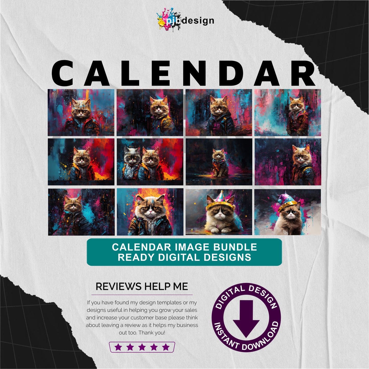 Cyber Grumpy Cat Abstract Themed Calendar Pack of 12 Edited Ai Generated Art Pack