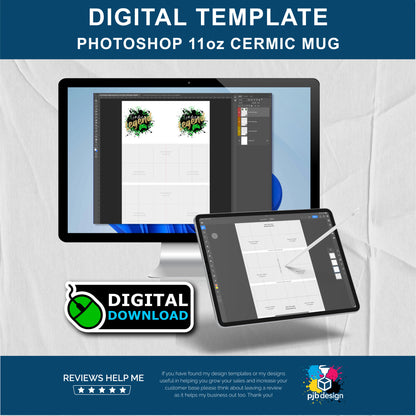 Adobe Photoshop 11oz Ceramic Mug Layout Design Template - 3 Wraps Letter Page