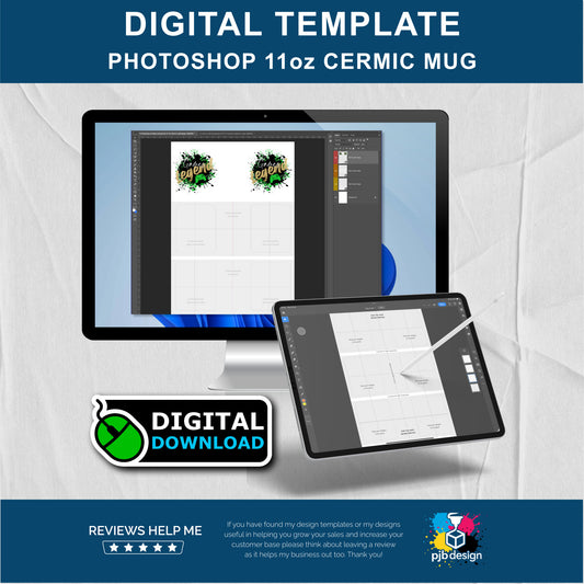Adobe Photoshop 11oz Ceramic Mug Layout Design Template - 3 Wraps A4 Page