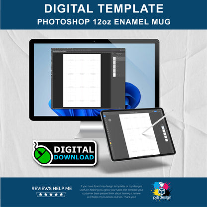 Adobe Photoshop 12oz Enamel Camping Mug Layout Design Template - 4 Wraps Per A4 Page