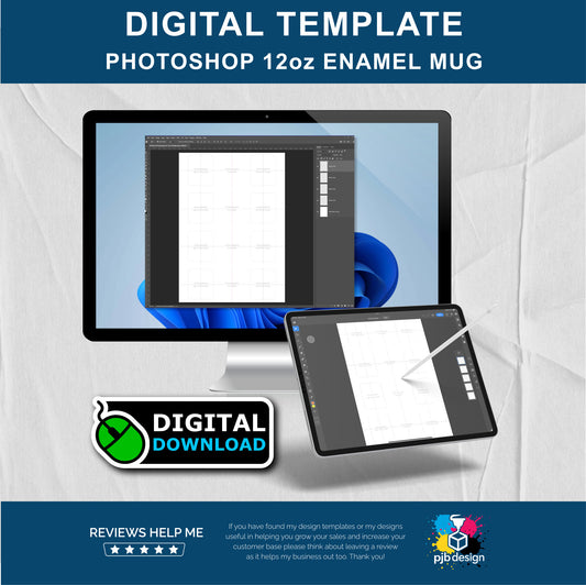 Adobe Photoshop 12oz Enamel Camping Mug Layout Design Template - 4 Wraps Per A4 Page