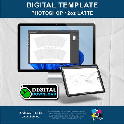Adobe Photoshop 12oz Ceramic Latte Mug Layout Design Template A4 Page