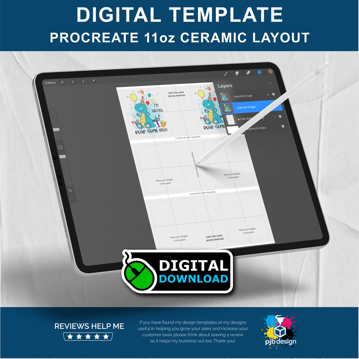 Procreate 11oz Ceramic Mug Layout Design Template - 3 Wraps A4 Page