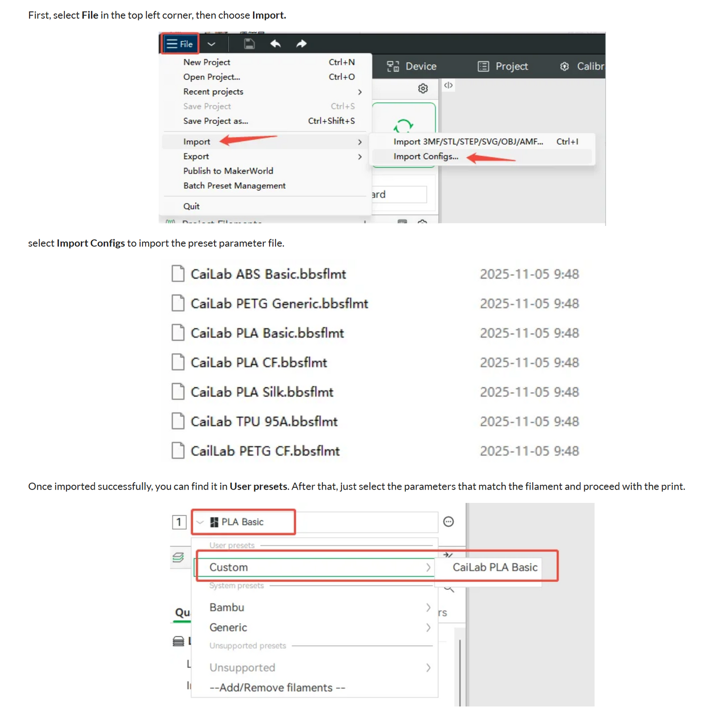 CaiLab Filament Printer Profiles For Bambu X1, X1C, X1E