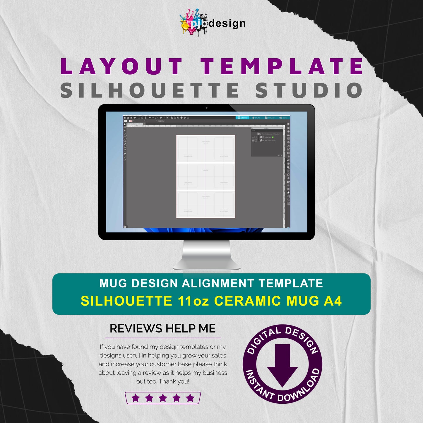 Silhouette Studio 11oz Ceramic Mug Layout Design Template - 3 Wraps A4 Page