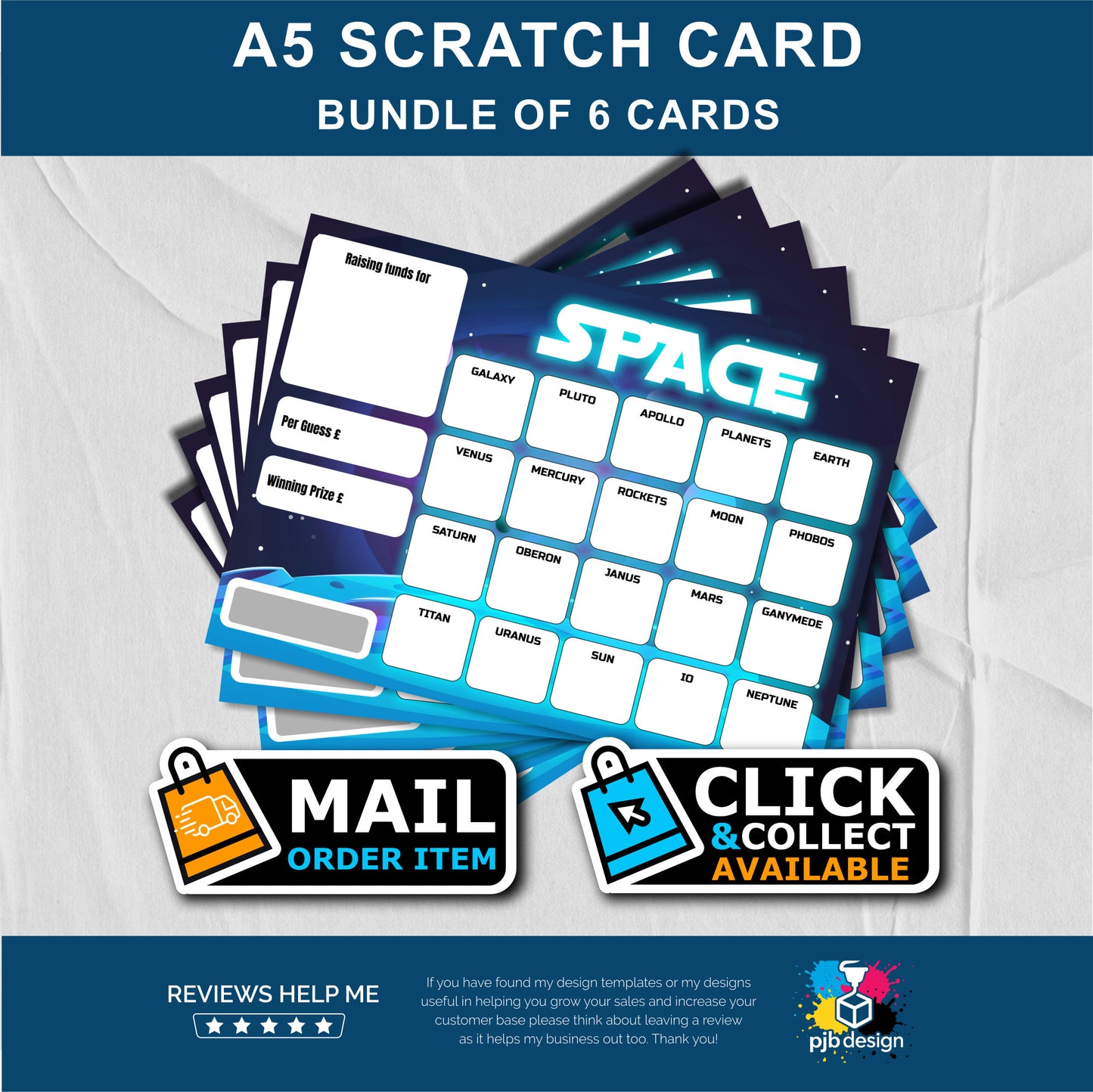 6x Scratch Card Bundle Space Themed Charity Fund Raising - A5 Fund Raising Product