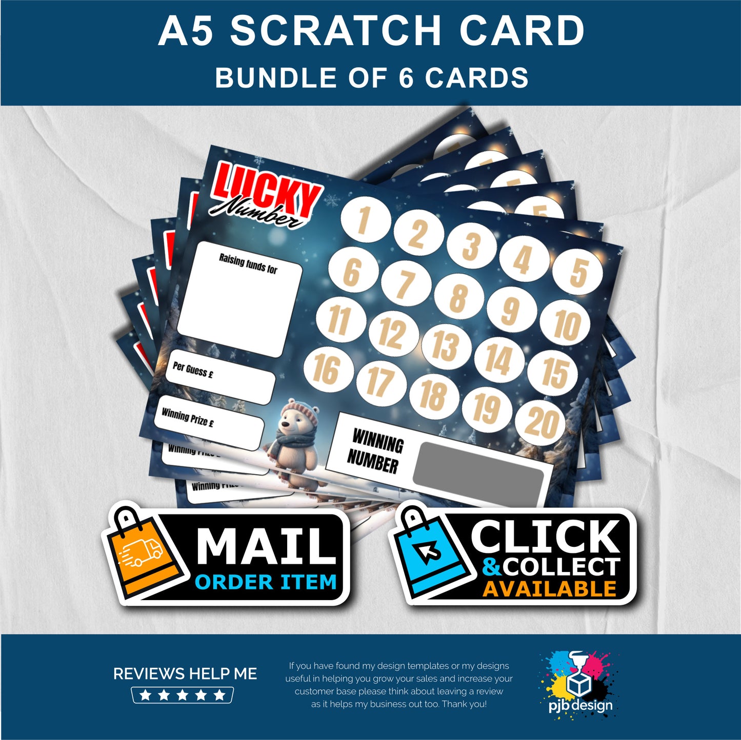 6x Scratch Card Bundle Christmas Lucky Number Charity Fund Raising - A5 Fund Raising Product