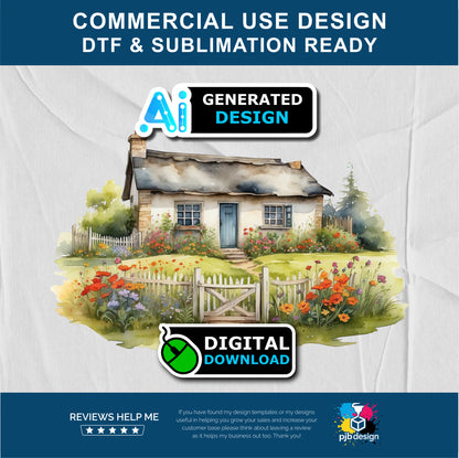 Old Cottage with Gate and Wildflowers Themed Multiuse Design Edited Ai Generated Art 1