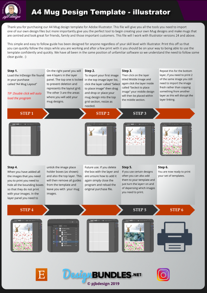 Adobe Illustrator 11oz Ceramic Mug Layout Design Template - 3 Wraps A4 Page