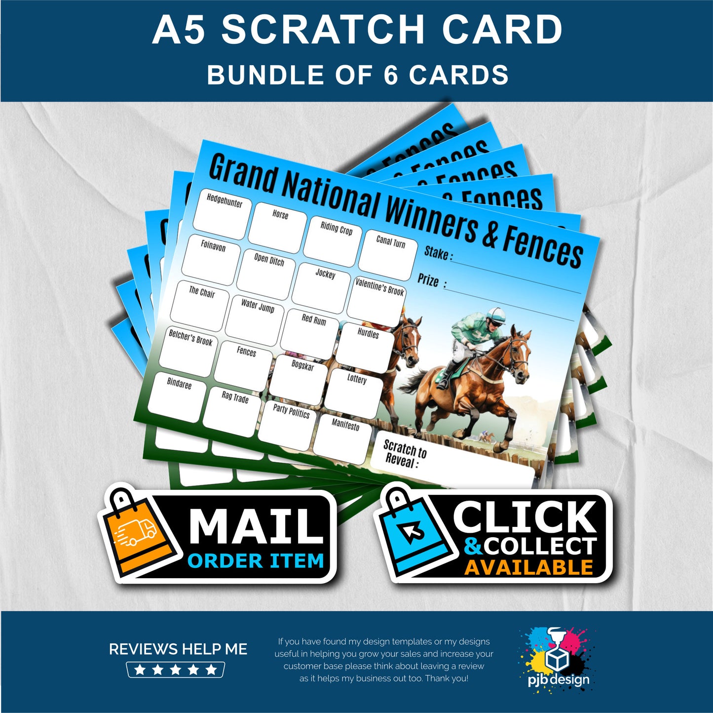 6x Scratch Card Bundle Grand National Themed Charity Fund Raising - A5 Fund Raising Product