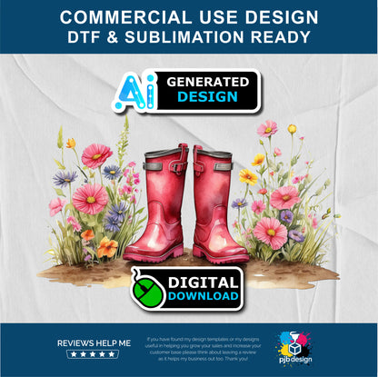 Red Wellies with Wild Flowers Gardening Multiuse Design Edited Ai Generated Art 2